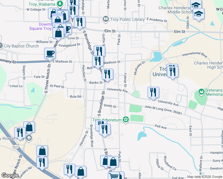 map of restaurants, bars, coffee shops, grocery stores, and more near 101-199 University Ave in Troy