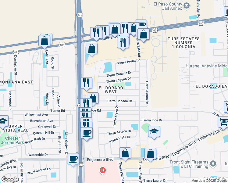 map of restaurants, bars, coffee shops, grocery stores, and more near 12301 Tierra Alaska Avenue in El Paso