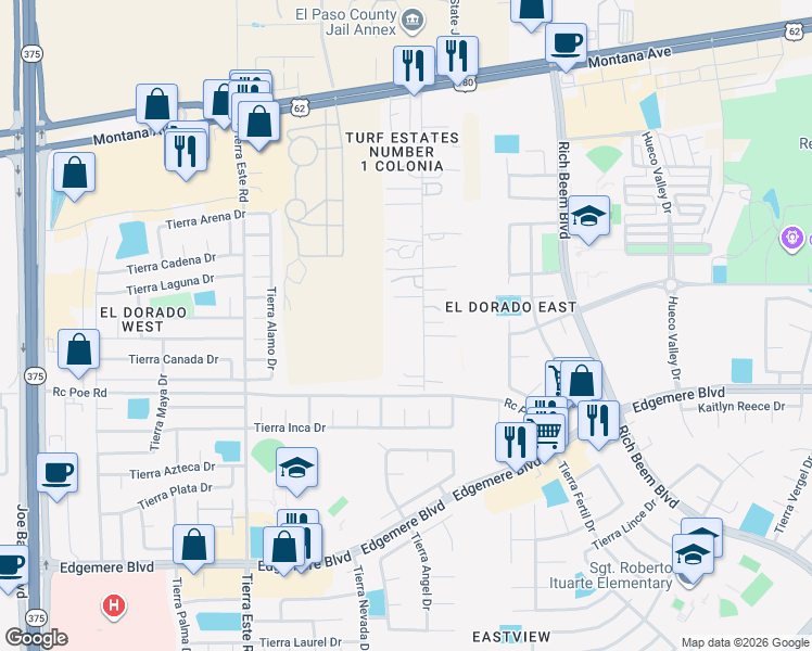 map of restaurants, bars, coffee shops, grocery stores, and more near 4501 Turf Road in El Paso