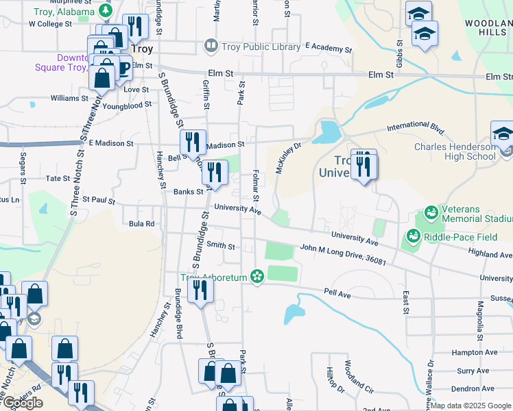 map of restaurants, bars, coffee shops, grocery stores, and more near 557 Folmar Street in Troy