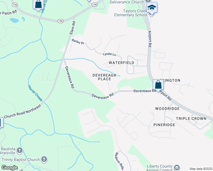 map of restaurants, bars, coffee shops, grocery stores, and more near 14 Idus Lane in Hinesville