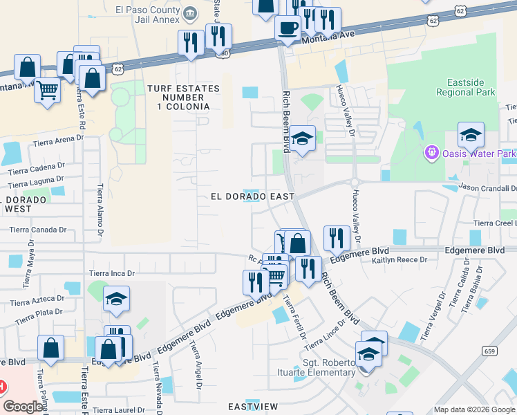 map of restaurants, bars, coffee shops, grocery stores, and more near 3777 Tierra Isela Drive in El Paso