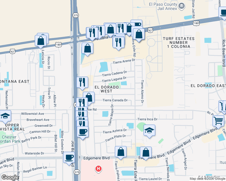 map of restaurants, bars, coffee shops, grocery stores, and more near 12301 Tierra Alaska Avenue in El Paso