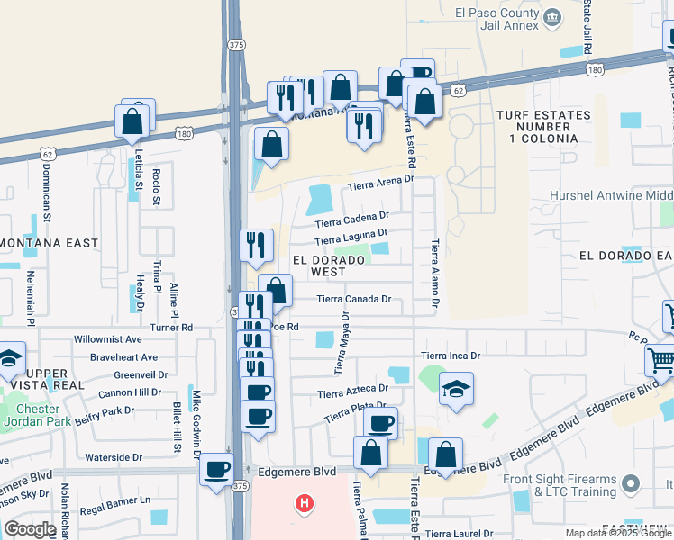 map of restaurants, bars, coffee shops, grocery stores, and more near 12301 Tierra Alaska Avenue in El Paso