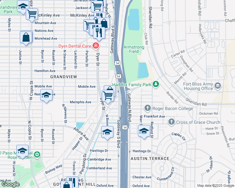 map of restaurants, bars, coffee shops, grocery stores, and more near 5023 Pershing Drive in El Paso