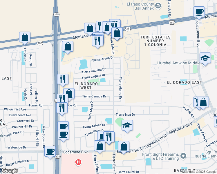 map of restaurants, bars, coffee shops, grocery stores, and more near 12372 Tierra Volcan Avenue in El Paso