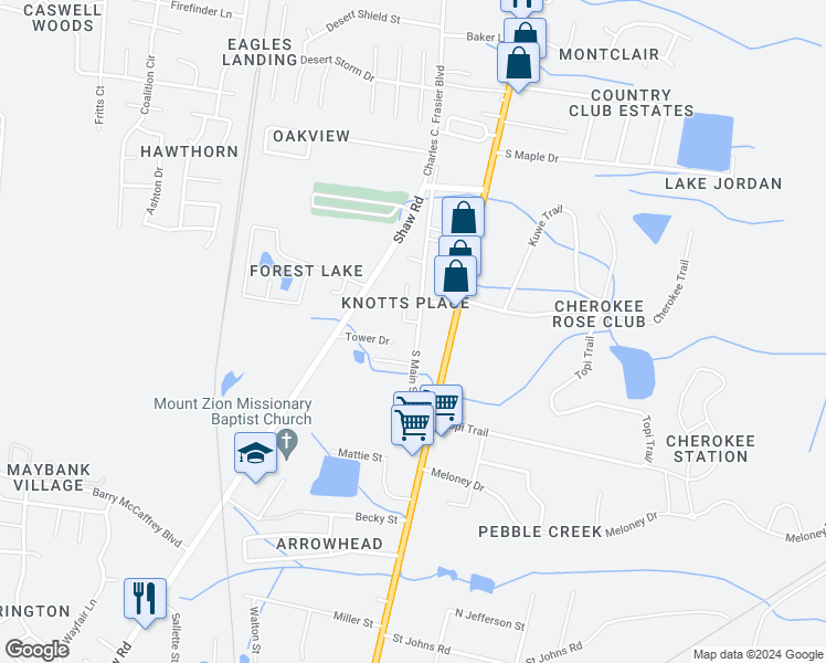 map of restaurants, bars, coffee shops, grocery stores, and more near 1301 South Main Street Extension in Hinesville