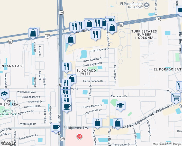 map of restaurants, bars, coffee shops, grocery stores, and more near 12301 Tierra Alaska Avenue in El Paso