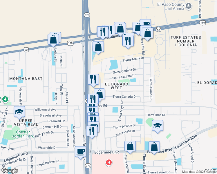 map of restaurants, bars, coffee shops, grocery stores, and more near 3813 Tierra Joya Place in El Paso