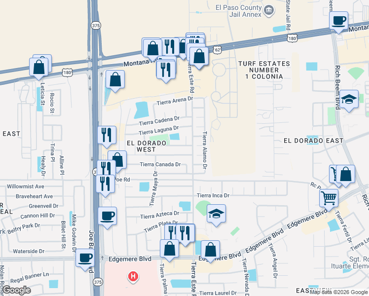 map of restaurants, bars, coffee shops, grocery stores, and more near 12372 Tierra Volcan Avenue in El Paso