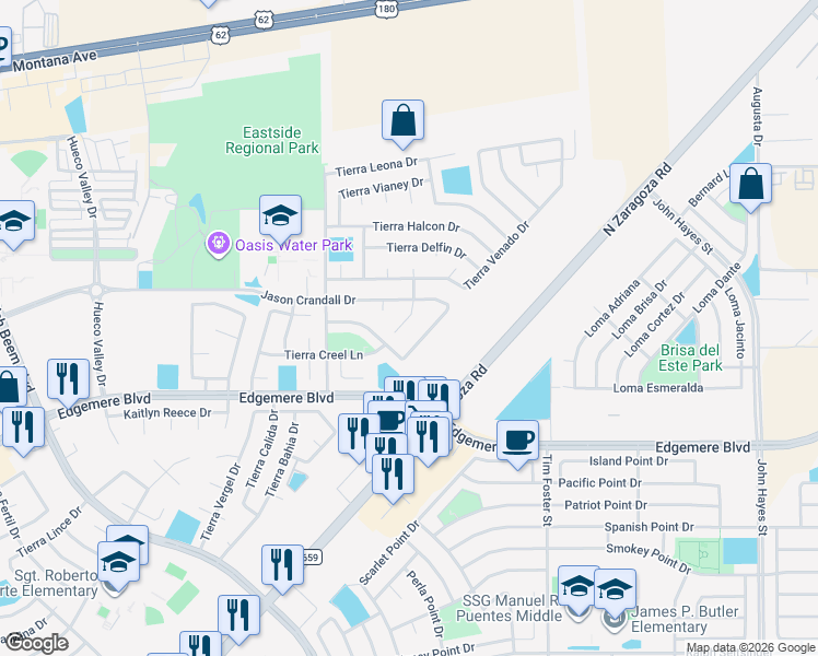 map of restaurants, bars, coffee shops, grocery stores, and more near 14128 Robert Ituarte Drive in El Paso