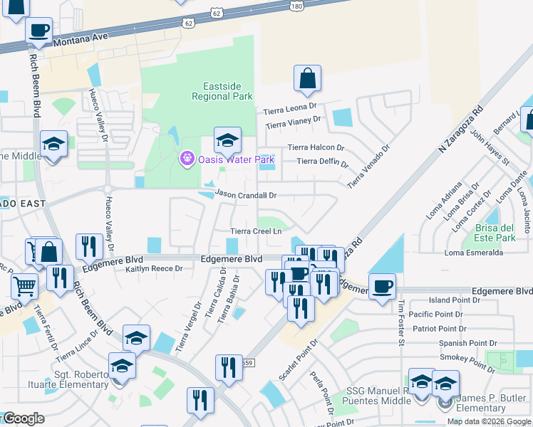 map of restaurants, bars, coffee shops, grocery stores, and more near 14008 Robert Ituarte Drive in El Paso