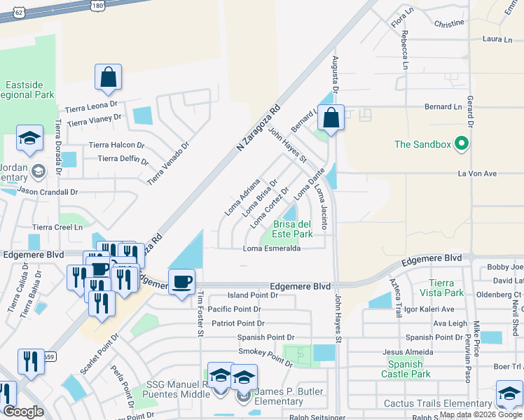 map of restaurants, bars, coffee shops, grocery stores, and more near 3813 Loma Dante in El Paso