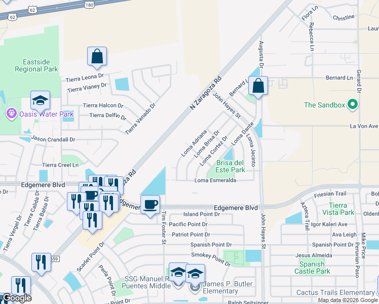 map of restaurants, bars, coffee shops, grocery stores, and more near 3748 Loma Brisa Drive in El Paso