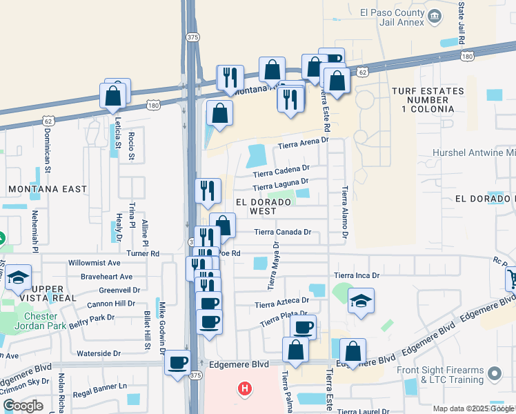map of restaurants, bars, coffee shops, grocery stores, and more near 3817 Tierra Nube Lane in El Paso