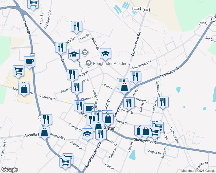 map of restaurants, bars, coffee shops, grocery stores, and more near Lane Street in Center