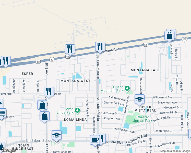 map of restaurants, bars, coffee shops, grocery stores, and more near 3634 Grand Bahamas Drive in El Paso