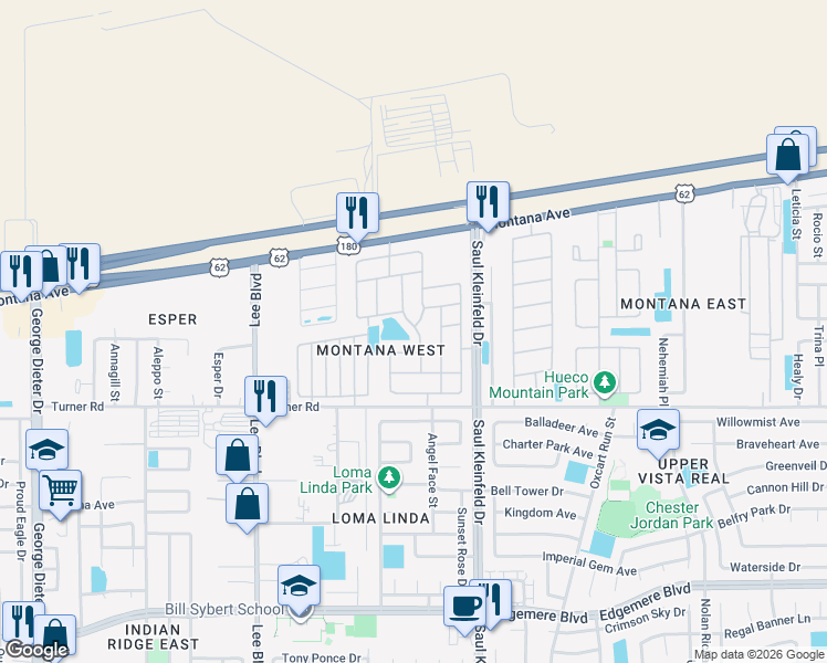 map of restaurants, bars, coffee shops, grocery stores, and more near 3633 Morgan Bay Place in El Paso