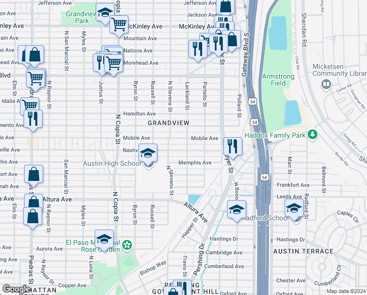 map of restaurants, bars, coffee shops, grocery stores, and more near 3804 Nashville Avenue in El Paso
