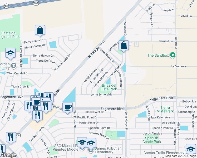 map of restaurants, bars, coffee shops, grocery stores, and more near 3821 Loma Cortez Drive in El Paso