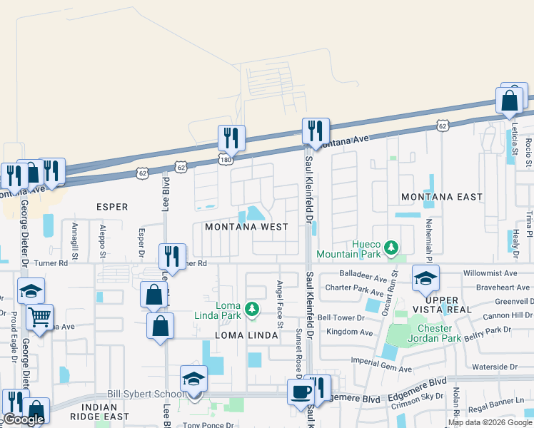 map of restaurants, bars, coffee shops, grocery stores, and more near 3633 Morgan Bay Place in El Paso