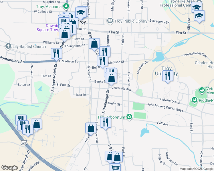 map of restaurants, bars, coffee shops, grocery stores, and more near 703 South Brundidge Street in Troy