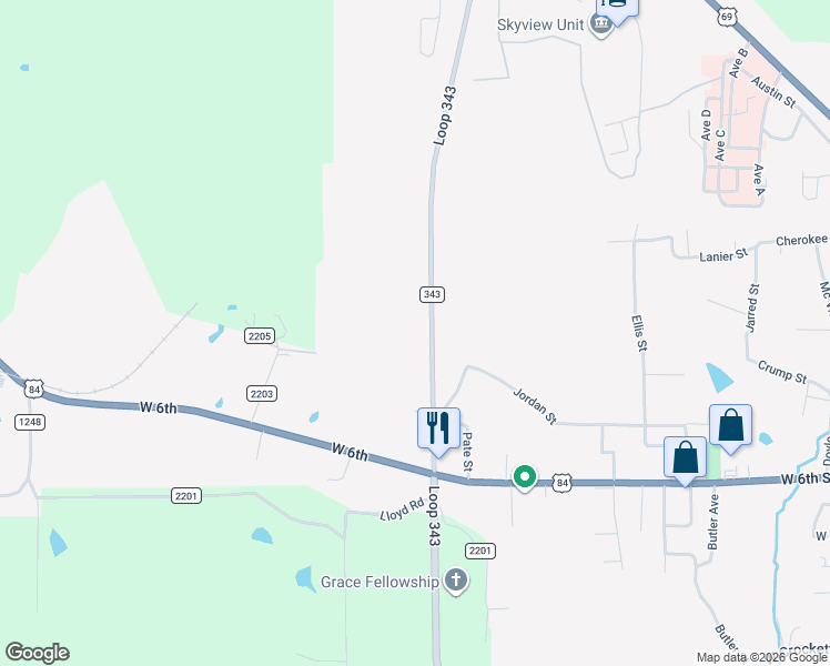 map of restaurants, bars, coffee shops, grocery stores, and more near 3481 Loop 343 in Rusk
