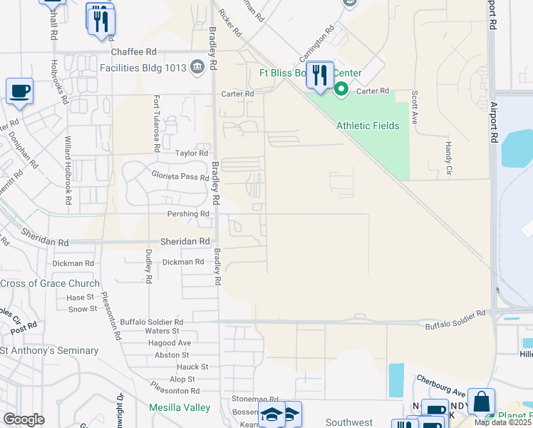 map of restaurants, bars, coffee shops, grocery stores, and more near Pershing Road in Fort Bliss