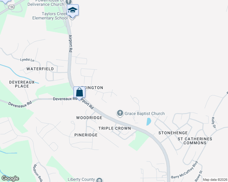 map of restaurants, bars, coffee shops, grocery stores, and more near 200 Barcalay Lane in Hinesville