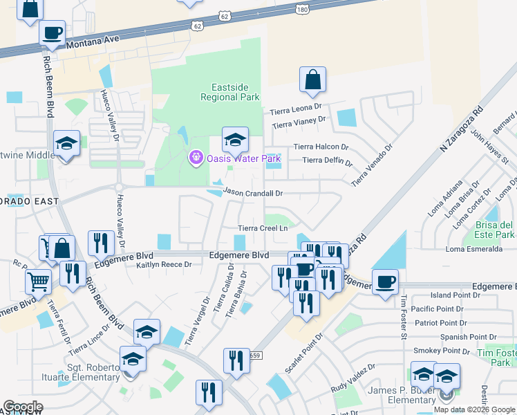 map of restaurants, bars, coffee shops, grocery stores, and more near 3804 Tierra Allen Place in El Paso