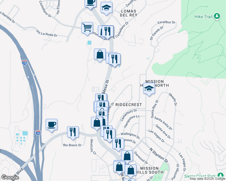 map of restaurants, bars, coffee shops, grocery stores, and more near 4251 Ridgecrest Drive in El Paso