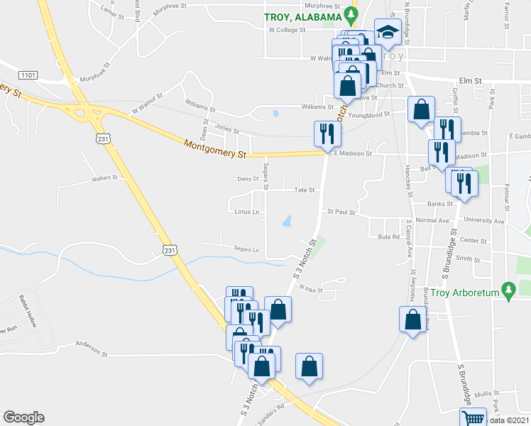 map of restaurants, bars, coffee shops, grocery stores, and more near 100 Lotus Lane in Troy