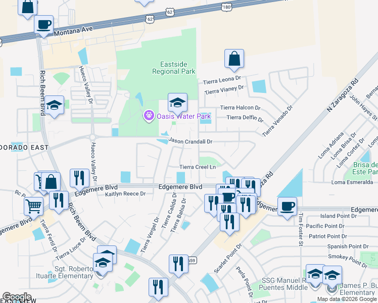 map of restaurants, bars, coffee shops, grocery stores, and more near 3804 Tierra Allen Place in El Paso