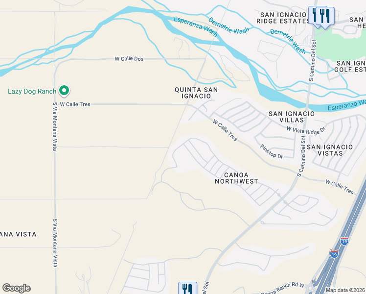 map of restaurants, bars, coffee shops, grocery stores, and more near 2325 West Calle Guatamote in Green Valley