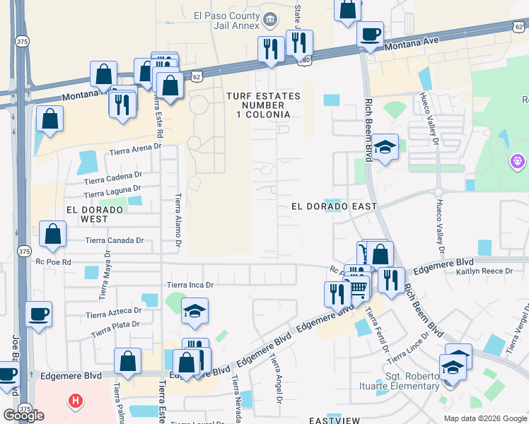 map of restaurants, bars, coffee shops, grocery stores, and more near 4501 Turf Road in El Paso