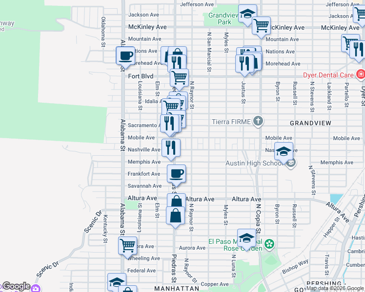 map of restaurants, bars, coffee shops, grocery stores, and more near 2602 North Piedras Street in El Paso