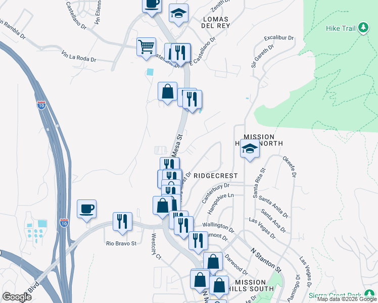map of restaurants, bars, coffee shops, grocery stores, and more near 4251 Ridgecrest Drive in El Paso