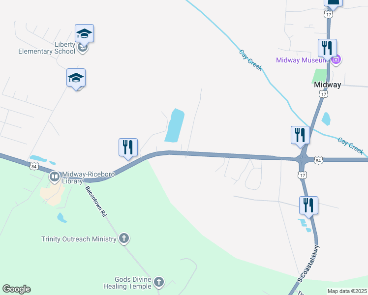 map of restaurants, bars, coffee shops, grocery stores, and more near 10033 East Oglethorpe Highway in Midway