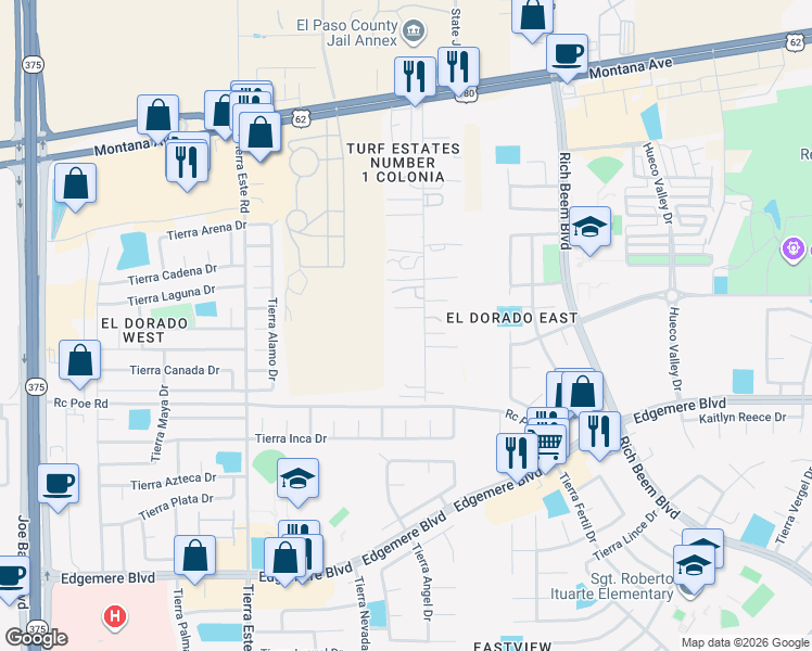map of restaurants, bars, coffee shops, grocery stores, and more near 4501 Turf Road in El Paso