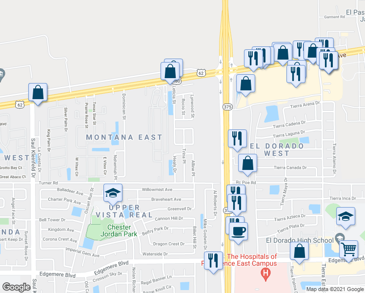 map of restaurants, bars, coffee shops, grocery stores, and more near 3713 Trina Place in El Paso