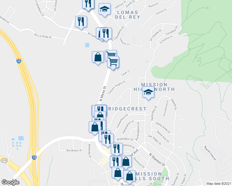 map of restaurants, bars, coffee shops, grocery stores, and more near 4016 Camelot Heights Drive in El Paso