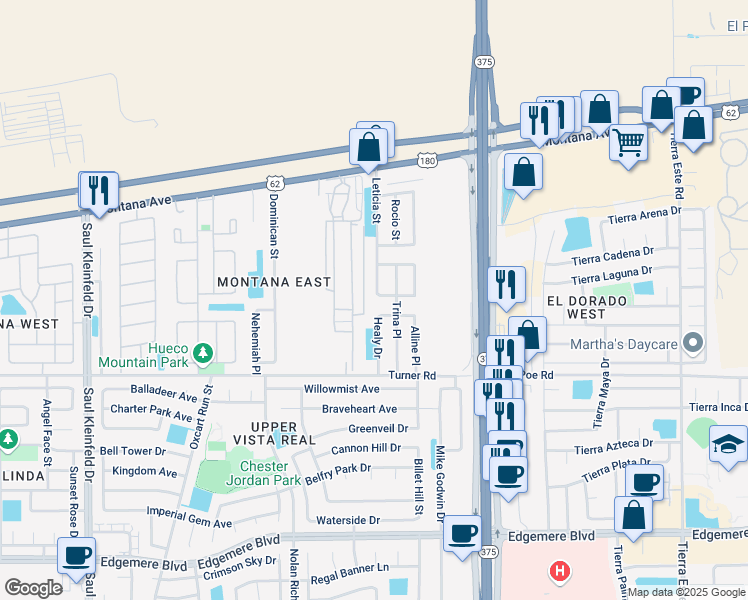 map of restaurants, bars, coffee shops, grocery stores, and more near 12050 Hosea Street in El Paso