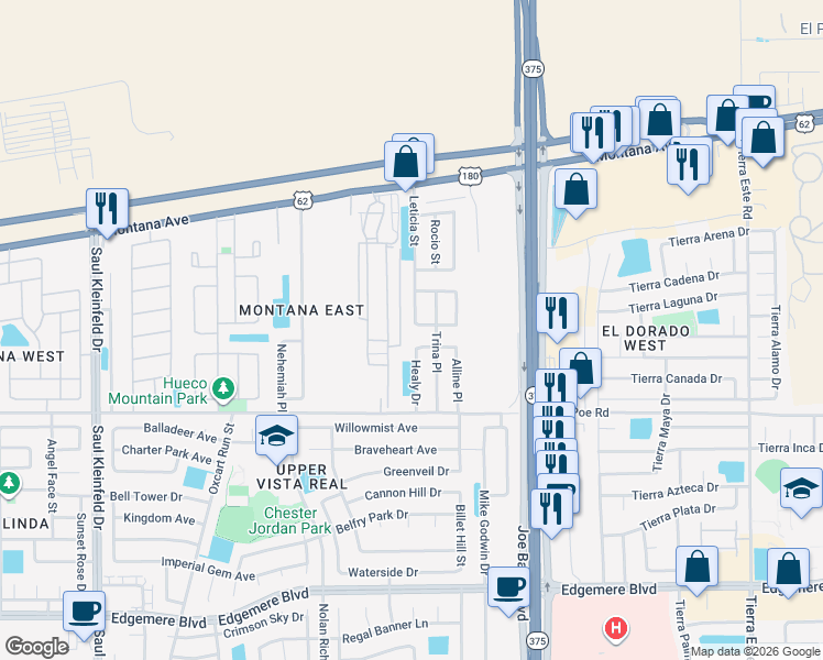 map of restaurants, bars, coffee shops, grocery stores, and more near 12050 Hosea Street in El Paso