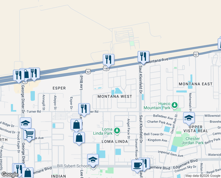 map of restaurants, bars, coffee shops, grocery stores, and more near 3737 Coco Palm Drive in El Paso