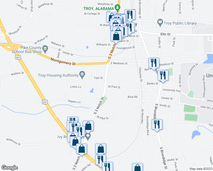 map of restaurants, bars, coffee shops, grocery stores, and more near 503 South 3 Notch Street in Troy