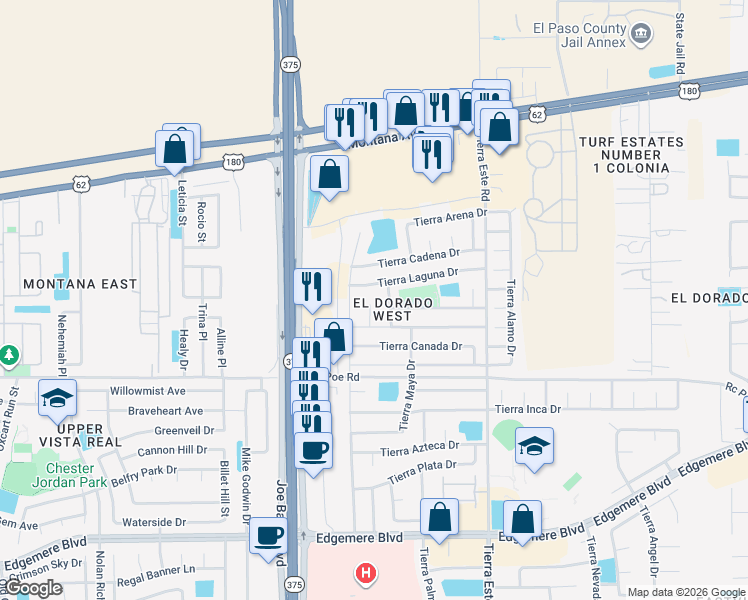 map of restaurants, bars, coffee shops, grocery stores, and more near 12245 Tierra Laguna Drive in El Paso