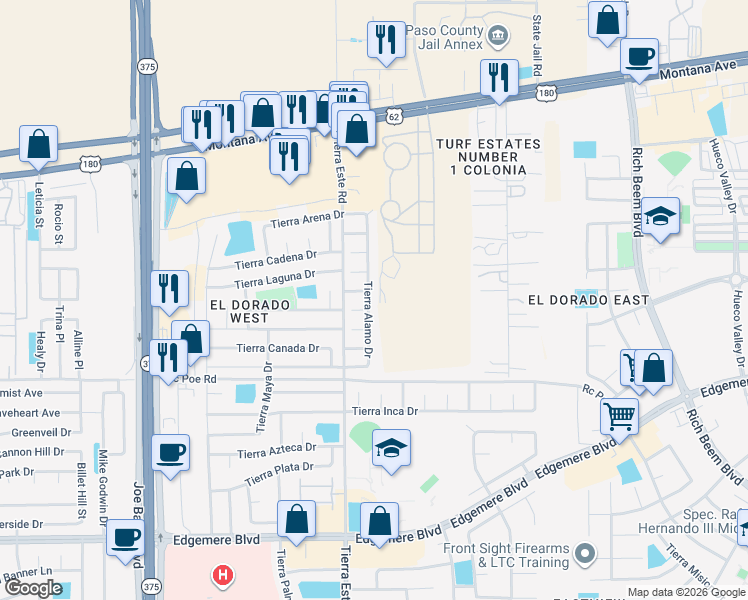 map of restaurants, bars, coffee shops, grocery stores, and more near 3824 Tierra Alamo Drive in El Paso