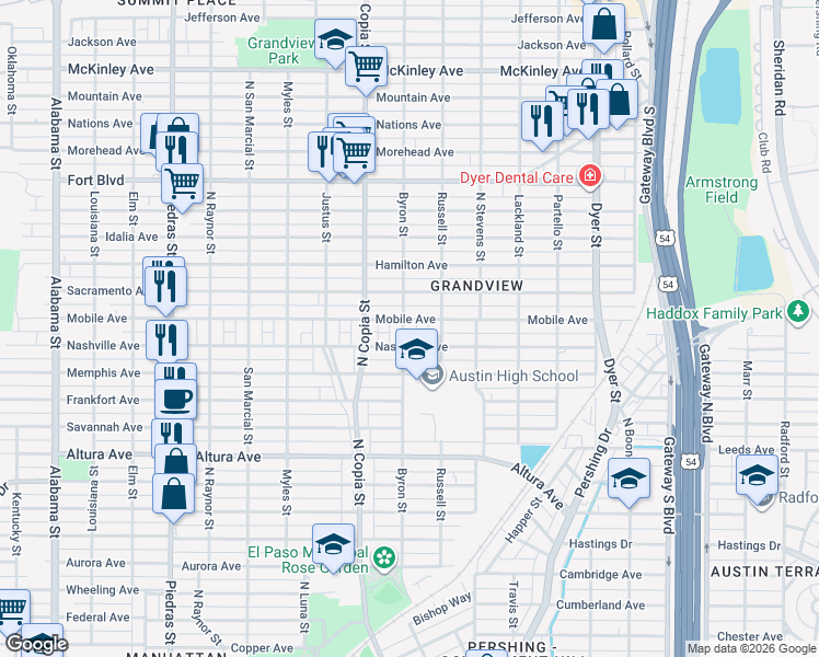 map of restaurants, bars, coffee shops, grocery stores, and more near 3503b Mobile Avenue in El Paso