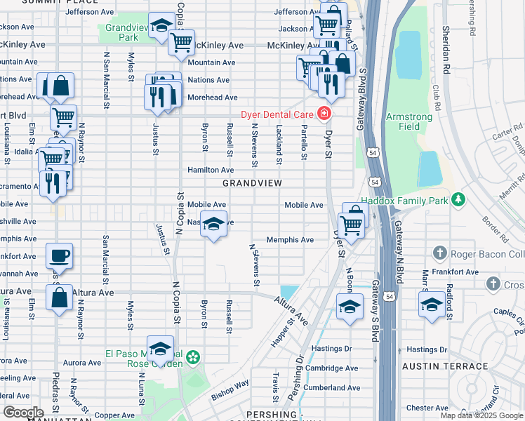 map of restaurants, bars, coffee shops, grocery stores, and more near 3705 Mobile Avenue in El Paso