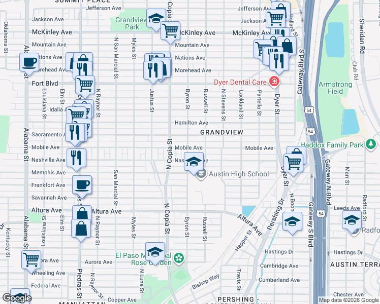 map of restaurants, bars, coffee shops, grocery stores, and more near 3503b Mobile Avenue in El Paso